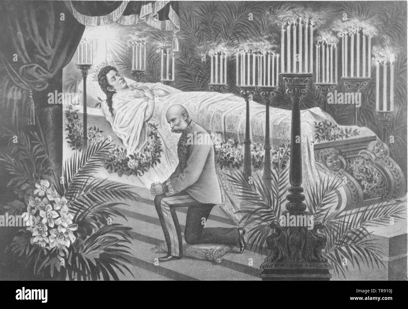 Elisabeth, impératrice d'Autriche, l'empereur François-Joseph en face d'ouvrir le cercueil de l'impératrice Elisabeth s'agenouiller, impression lithographique Steinmann et Heitz-Wien (1898), , Additional-Rights Clearance-Info-Not-Available- Banque D'Images