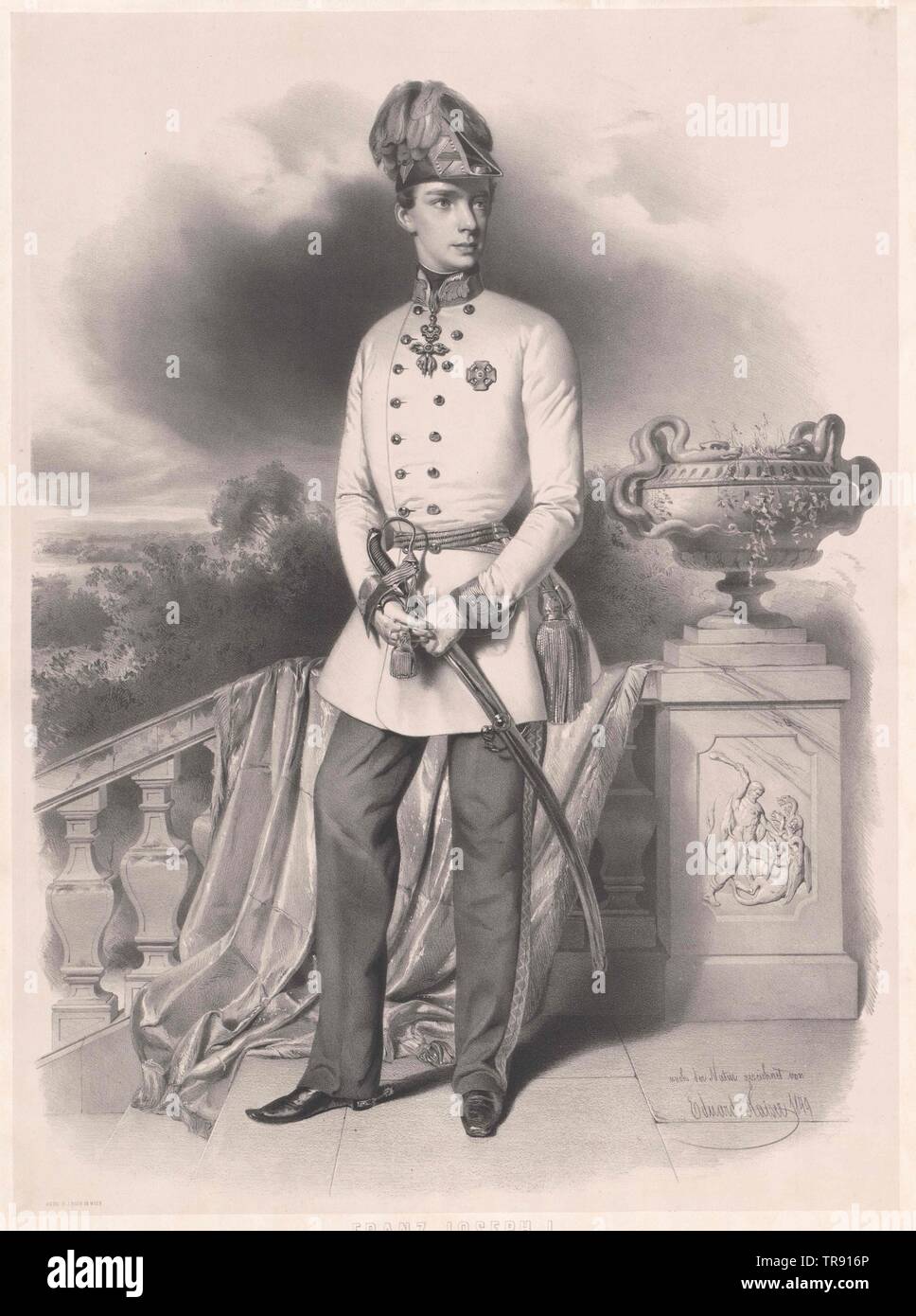 François-Joseph, Empereur d'Autriche, photo : full-length sur terrasse ouverte à marches en bas en face de drapage balustrade debout, la moitié du corps droit, quelque chose de la gauche, en uniforme avec bicorn à plumes, fourrure polaire de l'ordre et l'ordre militaire du MTO, ambidextre le sabre défendre, à gauche un serpent décoré pot peut sur sous-sol avec motif texturé Hercules. lithographie. sur la droite vers le bas dans la pierre se qualifier : 'nach der Natur gezeichnet von Eduard Kaiser 1849', Chinapapier. sous il Additional-Rights allemand légende, Clearance-Info-Not-Available- Banque D'Images