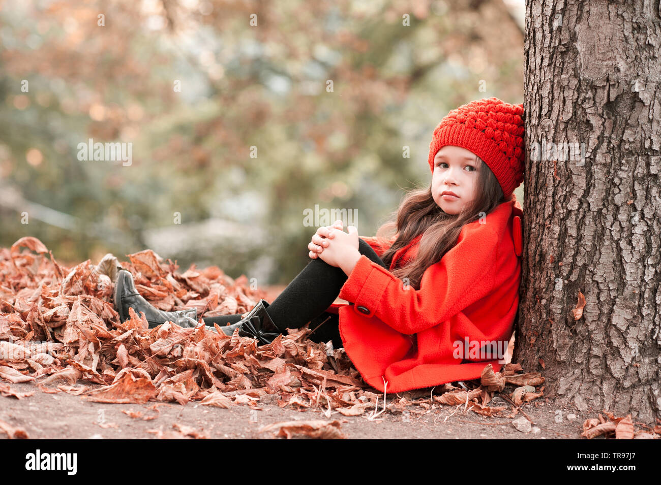 Kid élégante fille 3-4 ans portant veste d'hiver à la mode et de tricots  assis sous arbre en parc. En regardant la caméra. Ce qui pose à  l'extérieur. L'enfance Photo Stock -