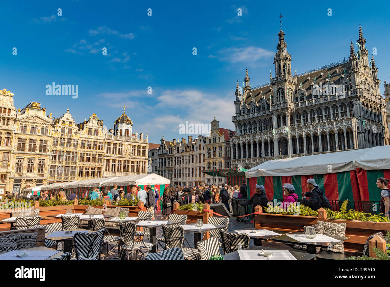 Les visiteurs et les touristes à la Grand Place à Bruxelles, Belgique , une grande place entourée de bâtiments richement décoré dans le centre de Bruxelles Banque D'Images