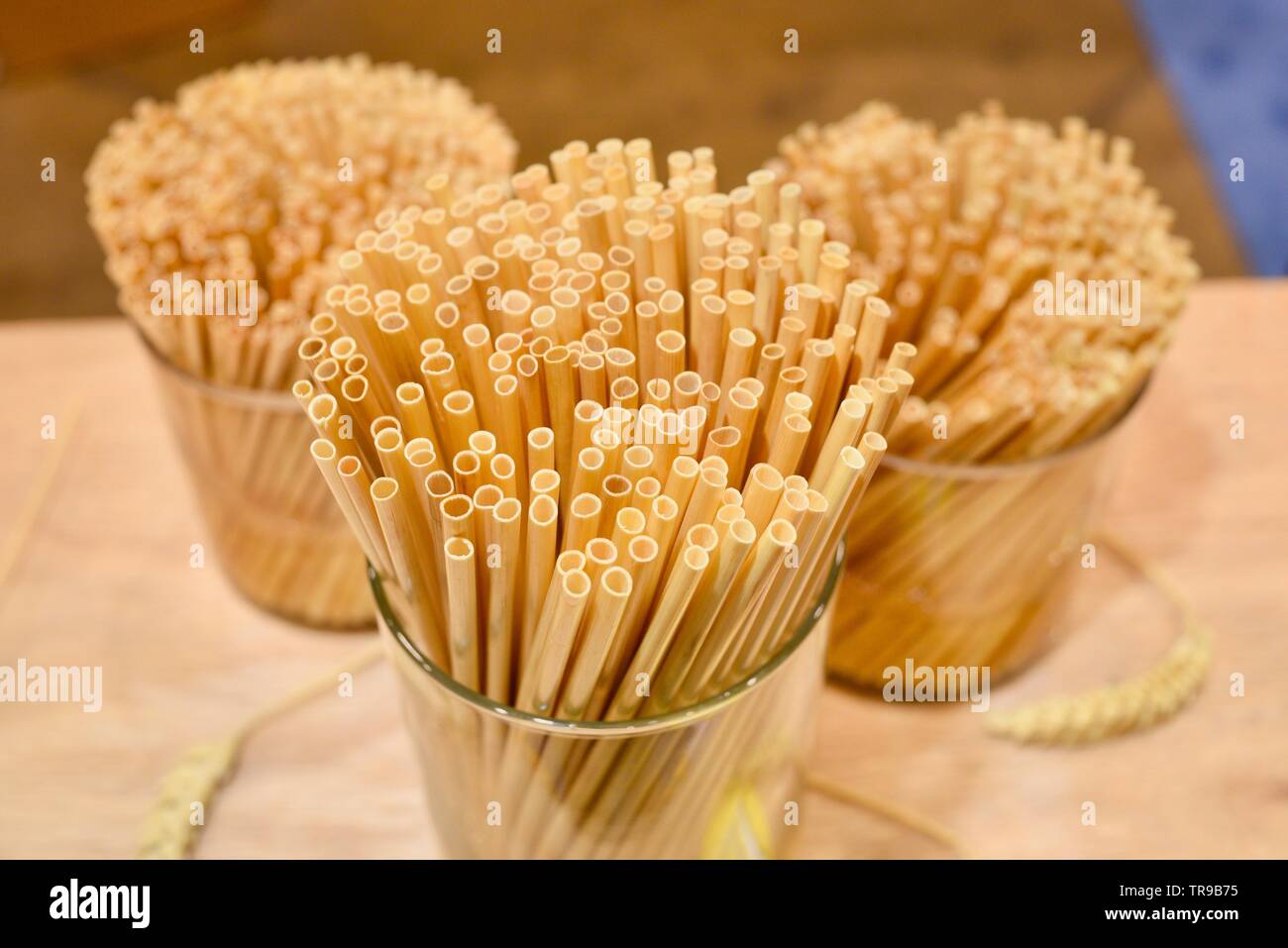 Assortiment de pailles naturel fabriqué à partir de tiges de blé dans les pots à l'affiche au stand de paille foin au niveau National Restaurant Association Show qui a eu lieu à Chicago, IL, USA Banque D'Images