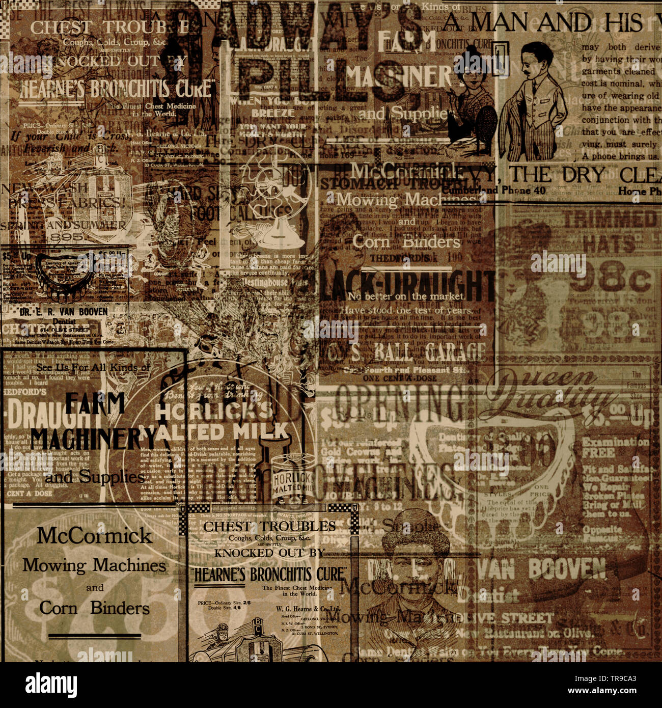 Publicités de vieux journaux étaient du domaine public pour créer des collages papiers numérique unique Banque D'Images