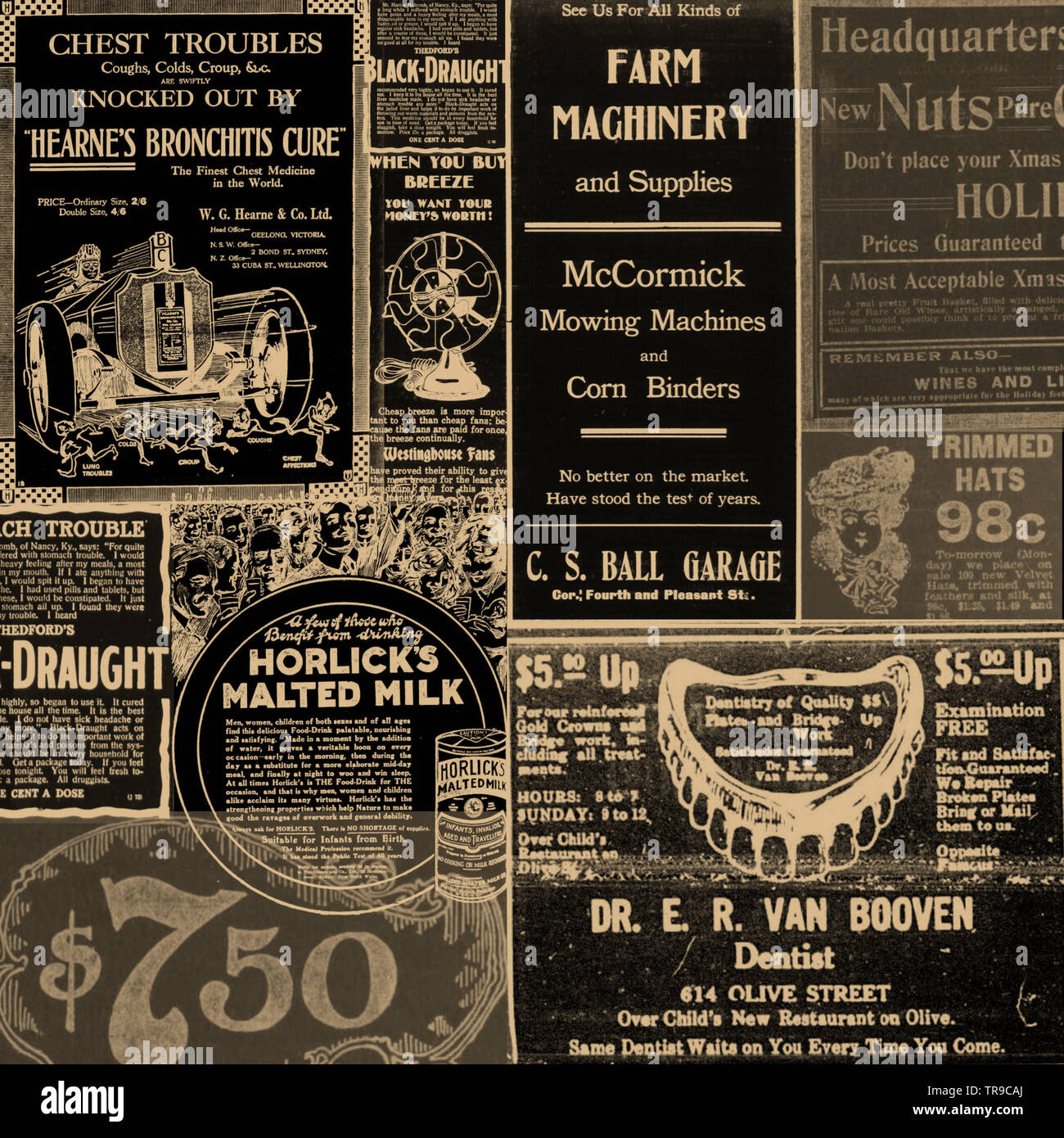 Publicités de vieux journaux étaient du domaine public pour créer des collages papiers numérique unique Banque D'Images
