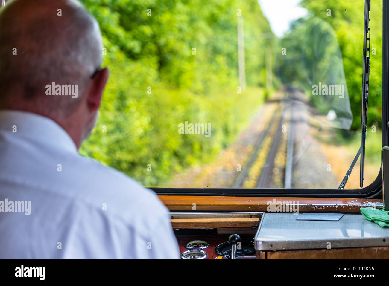 Une vue de la fenêtre d'un train de chemin de fer, un moteur visible pilote exécuté un train, planche de bord, des pistes, des arbres et un ciel bleu avec blanc clou Banque D'Images
