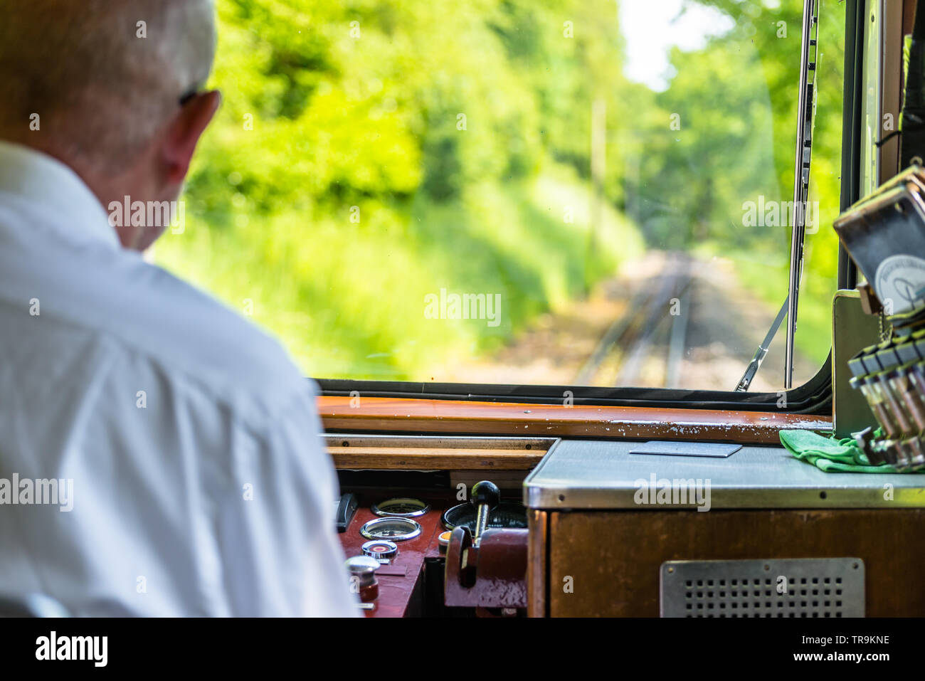 Une vue de la fenêtre d'un train de chemin de fer, un moteur visible pilote exécuté un train, planche de bord, des pistes, des arbres et un ciel bleu avec blanc clou Banque D'Images