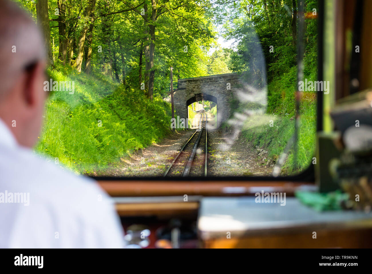 Une vue de la fenêtre d'un train de chemin de fer, un moteur visible pilote exécuté un train, des rails, des arbres et un ciel bleu avec des nuages blancs. Banque D'Images
