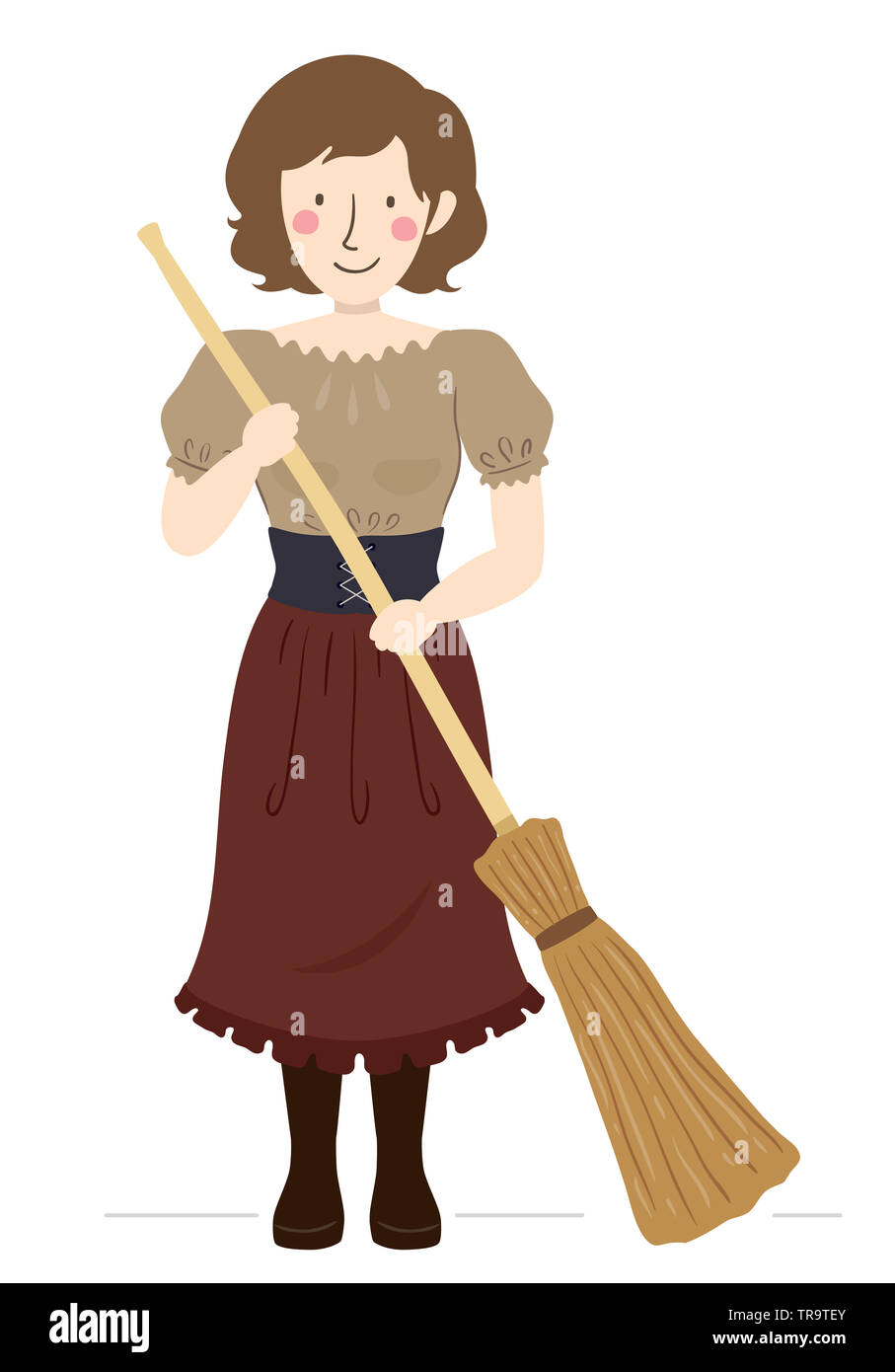 Illustration d'un costume paysan médiéval Girl Holding a Broom Banque D'Images