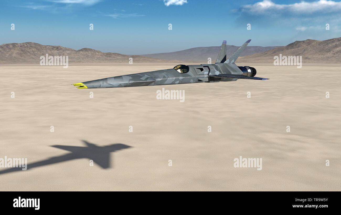 En avion de chasse, avion militaire futuriste survolant un désert avec ciel bleu et les montagnes en arrière-plan, 3D render Banque D'Images
