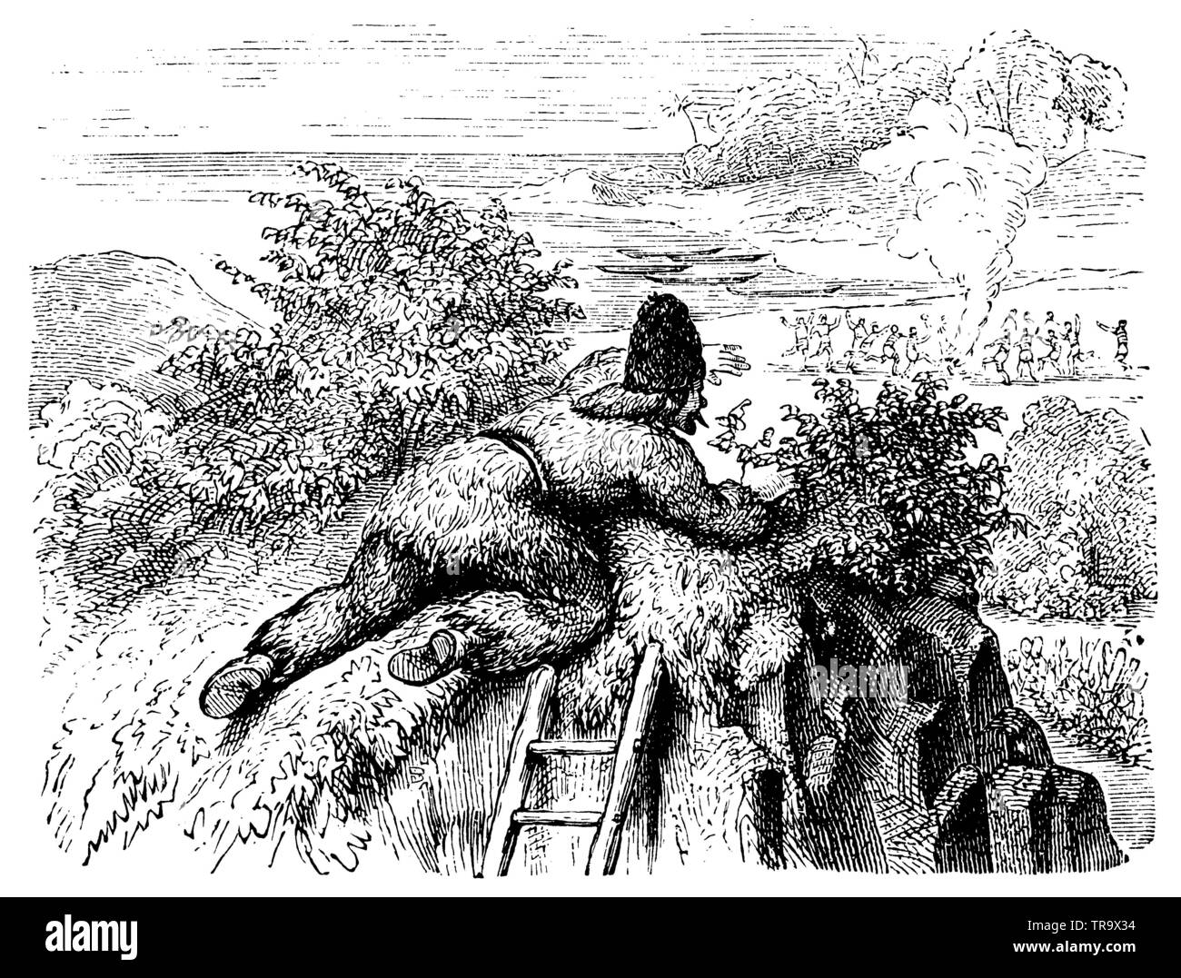 Robinson Crusoé, observe les sauvages, , (roman, 1897) Banque D'Images