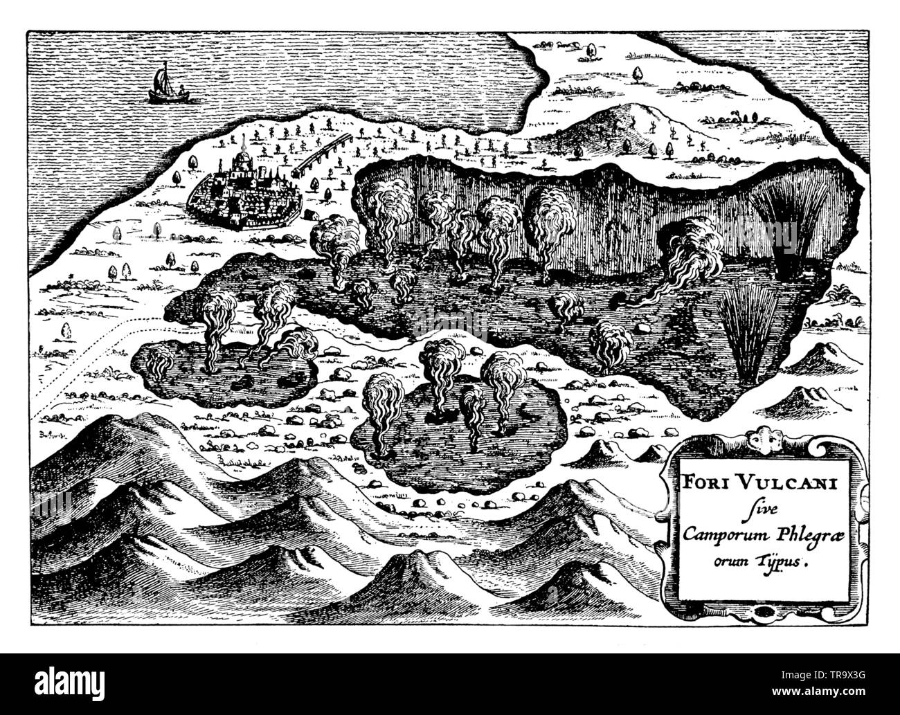 Les fumerolles (estuaires des rivières souterraines d'incendie) dans les champs Phlégréens, près de Naples. Après Athanasius Kircher, , (livre de vulgarisation scientifique, 1902) Banque D'Images