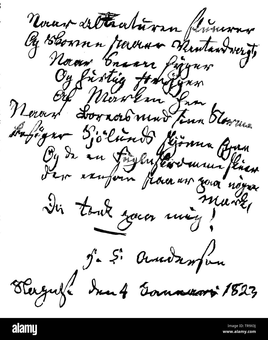 Fac-similé d'un poème de Hans Christian Andersen, , l'histoire littéraire (livre, 1895) Banque D'Images