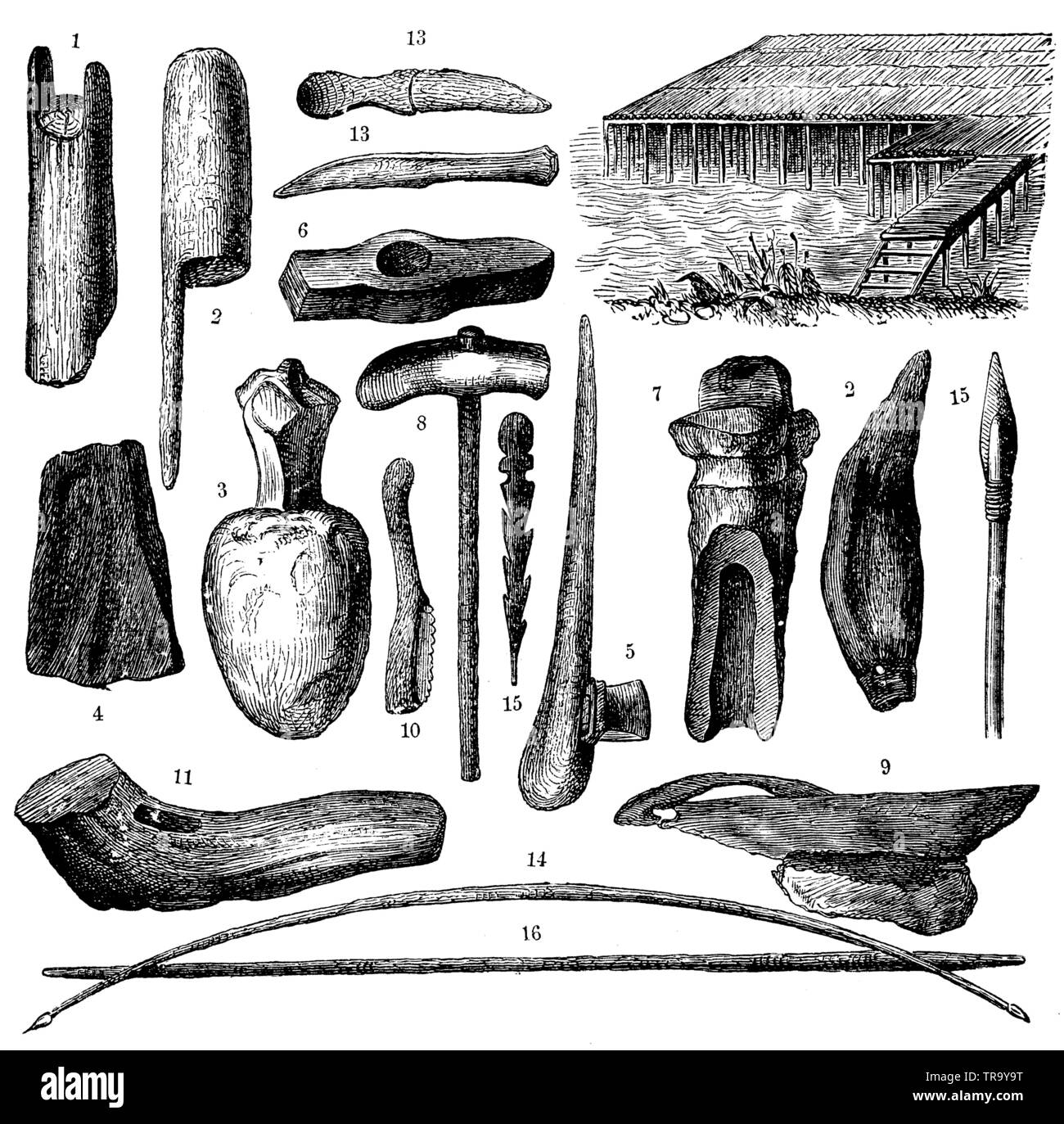 Des armes et des outils à partir de l'âge de la pile dwellings. 1) Coin tête du pieu, 2 maillets en bois, 3) pour faire adopter dans les piles. 4) Cale de Pierre. 5) Holmaxt. 6) marteau de pierre. 7) hache de pierre. 8) Ax marteau. 9) Stone a vu. 10) Flint a vu. 11) Marteau corne de cerf. Dent d'Ours (12) outil de perforation). 13) Deux couteaux en bois d'if. 14) hunting bow arc en guerre et en bois d'if. 15) est à la tête. 16) lance, , (1874), livre d'anthropologie Banque D'Images
