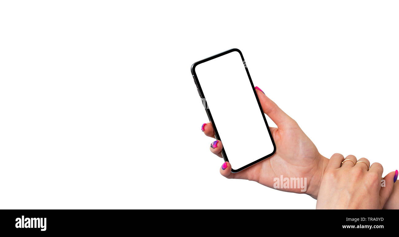 Maquette du smartphone en main femme isolé sur fond blanc. Maquette du smartphone sans cadre moderne avec écran blanc. L'espace vide pour le texte. Copie Banque D'Images Maquette du smartphone en main femme isolé sur fond blanc. Maquette du smartphone sans cadre moderne avec écran blanc. L'espace vide pour le texte. Copie Banque D'Images