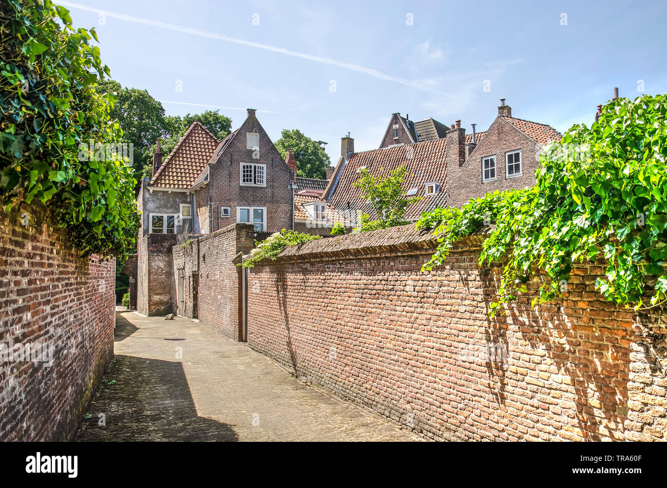Middelburg, Pays-Bas, Mai 30, 2019 : Ruelle de la vieille ville bordée de murs en brique que fermer les jardins privés Banque D'Images
