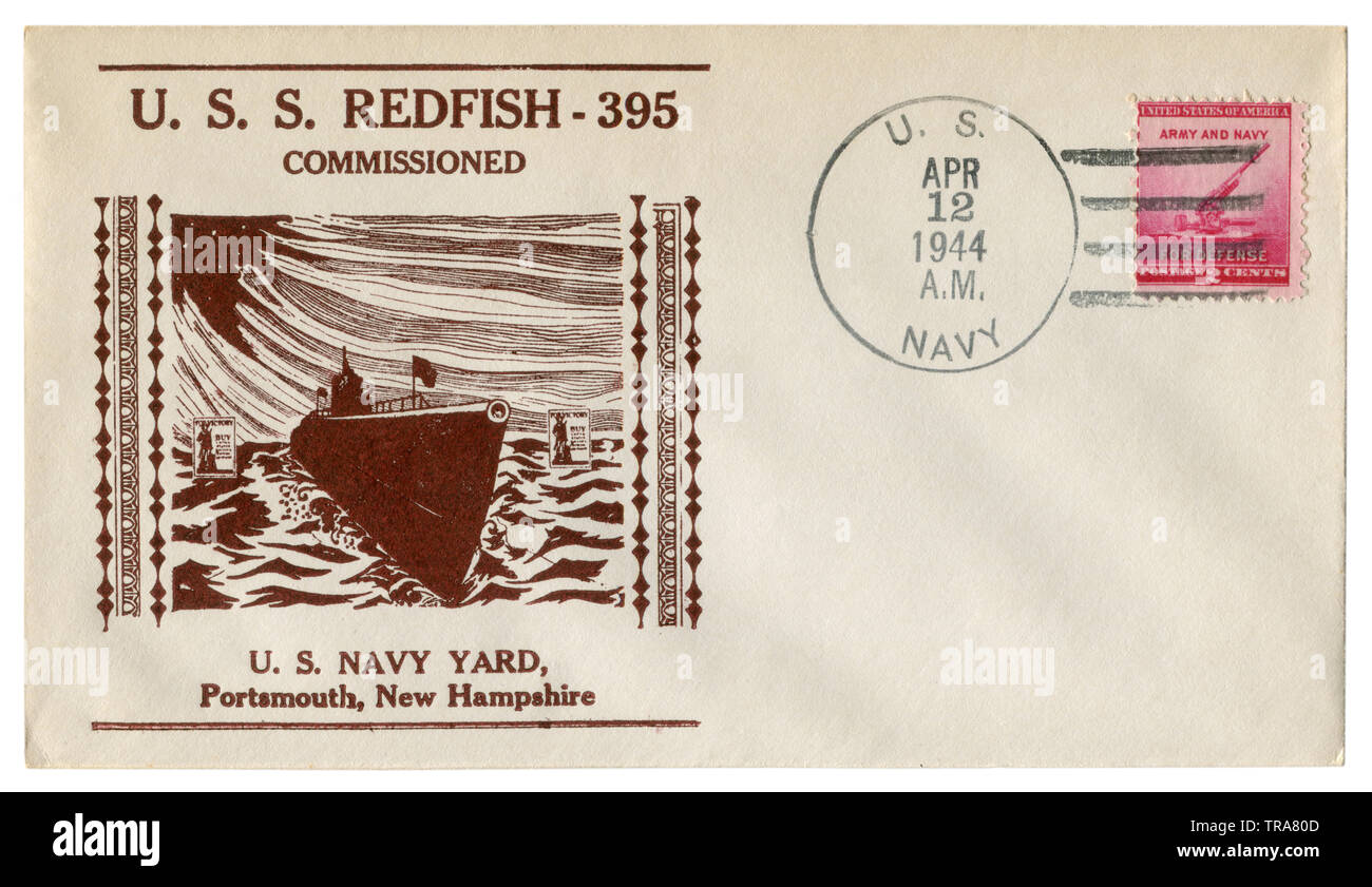 Portsmouth, New Hampshire, USA - Le 12 avril 1944 : l'enveloppe historique : couvrir avec cachet - Sébaste USS 395 U.S. Navy Yard, commandé Banque D'Images