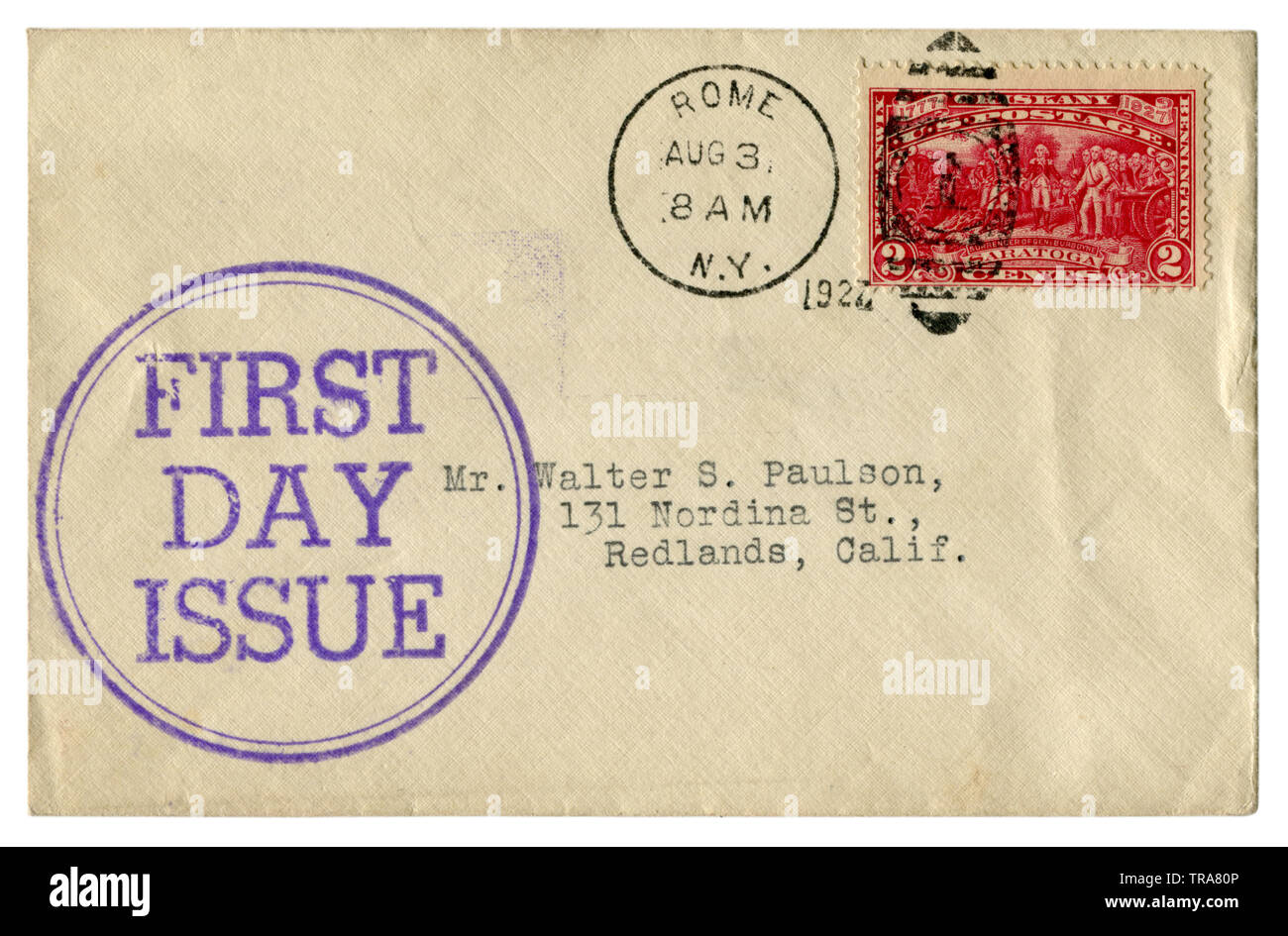 Rome, New York, Etats Unis - 3 août 1927 : enveloppe historique : couvrir avec cachet premier jour d'encre ronde question, timbre rouge 1777 Saratoga Banque D'Images