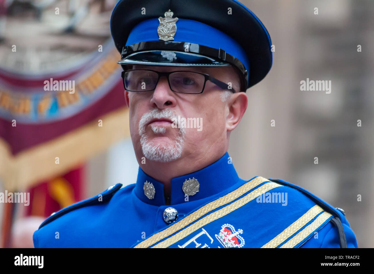 Glasgow, Ecosse, Royaume-Uni. 1er juin 2019. Membres prenant part dans la ville de Glasgow Courcelles Branch Club garçons apprentis de Derry Procession à travers les rues de la ville de Holland Street à Glasgow Green y compris le dépôt de couronnes de fleurs au cénotaphe de George Square. Credit : Skully/Alamy Live News Banque D'Images