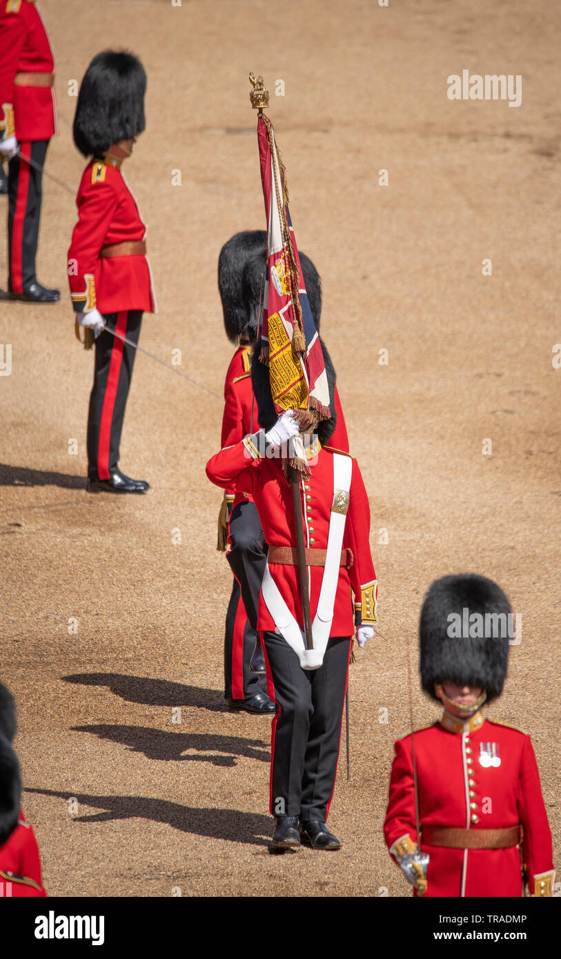 Horse Guards Parade, Londres, Royaume-Uni. 1er juin 2019. Des soldats de la Division des ménages, la troupe du Roi Royal Horse Artillery, le long avec des musiciens de la parade des musiques sur Horse Guards pour l'examen officiel final avant la parade la couleur le 8 juin 2019 et sont inspectés par Son Altesse Royale le duc de York. Credit : Malcolm Park/Alamy Live News. Banque D'Images