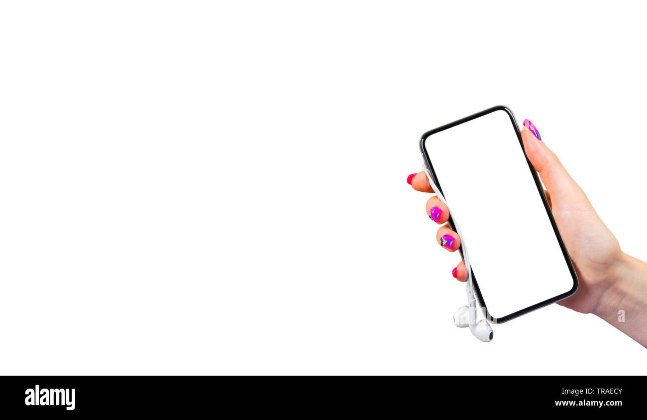 Maquette du smartphone en main femme isolé sur fond blanc. Nouveau smartphone sans cadre noir moderne des maquettes avec écran blanc. L'espace vide pour t Banque D'Images Maquette du smartphone en main femme isolé sur fond blanc. Nouveau smartphone sans cadre noir moderne des maquettes avec écran blanc. L'espace vide pour t Banque D'Images