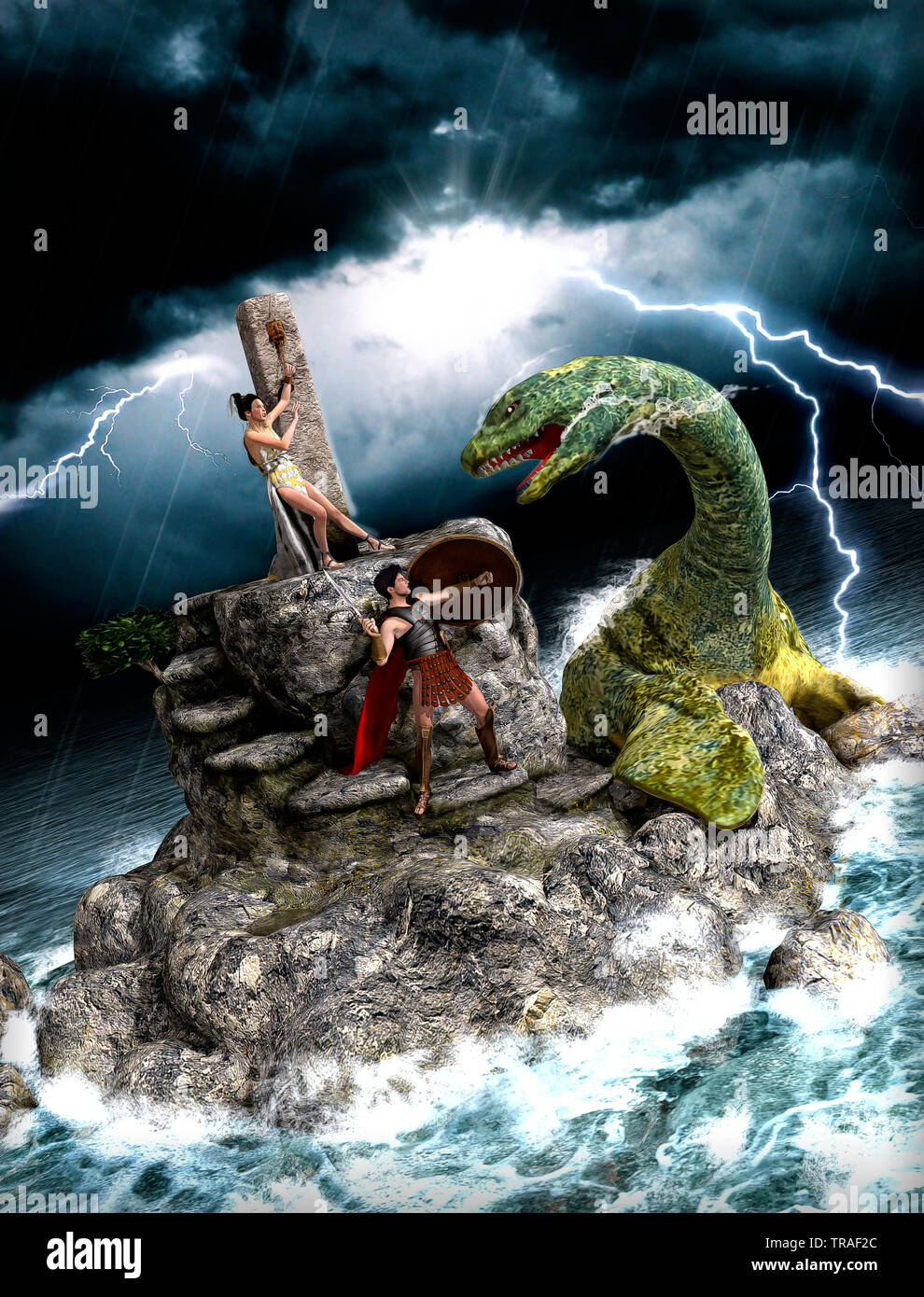 L'épargne de Persée, Andromède qui avait été offert en sacrifice pour apaiser les dieux, d'un monstre de mer, la mythologie grecque conte, illustration 3D render Banque D'Images