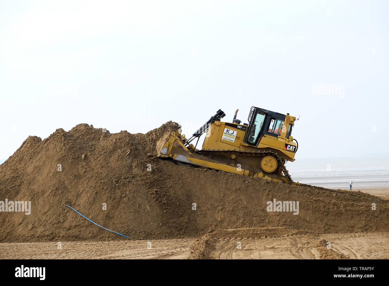 Octobre 2015 - bulldozer Cat formant le cours de sable pour la plage des courses à Weston super Mare Banque D'Images
