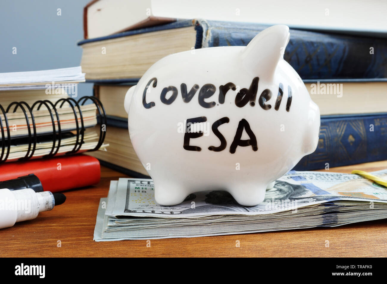 L'ESA compte d'épargne Coverdell Éducation. Piggy Bank et de l'argent. Banque D'Images
