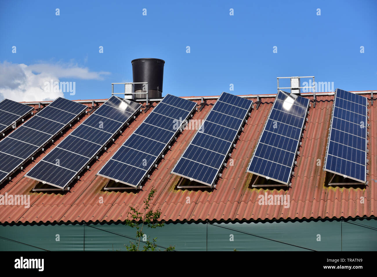 Panneau solaire sur une ferme de toit en tôle ondulée de stable . Banque D'Images