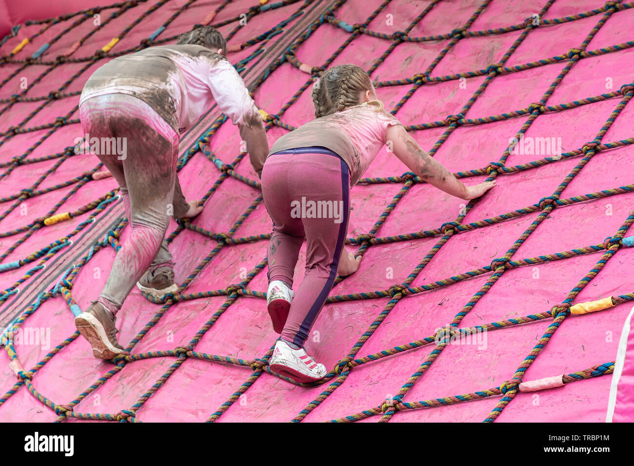 Warrington, Royaume-Uni. 2 juin 2019. Race for Life 2019, Warrington, au profit de la recherche sur le cancer. Les enfants à l'aide d'un filet à grimper une diapositive gonflable Banque D'Images