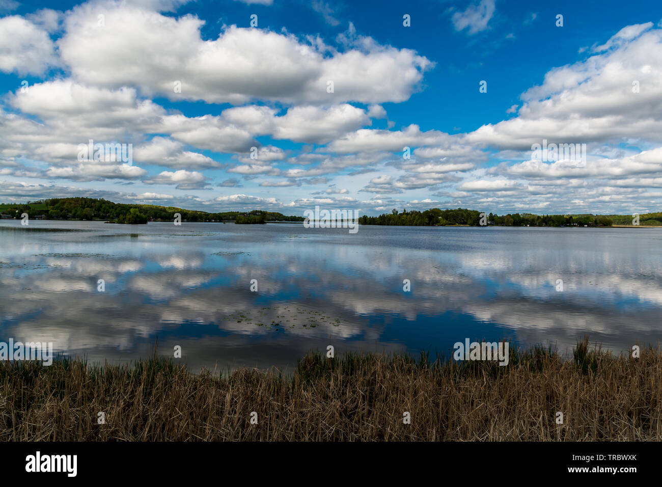 Cottage Lake Placid Lake, avec la réflexion des nuages sur l'eau, ciel bleu avec des nuages blancs moelleux et forêt verte Banque D'Images