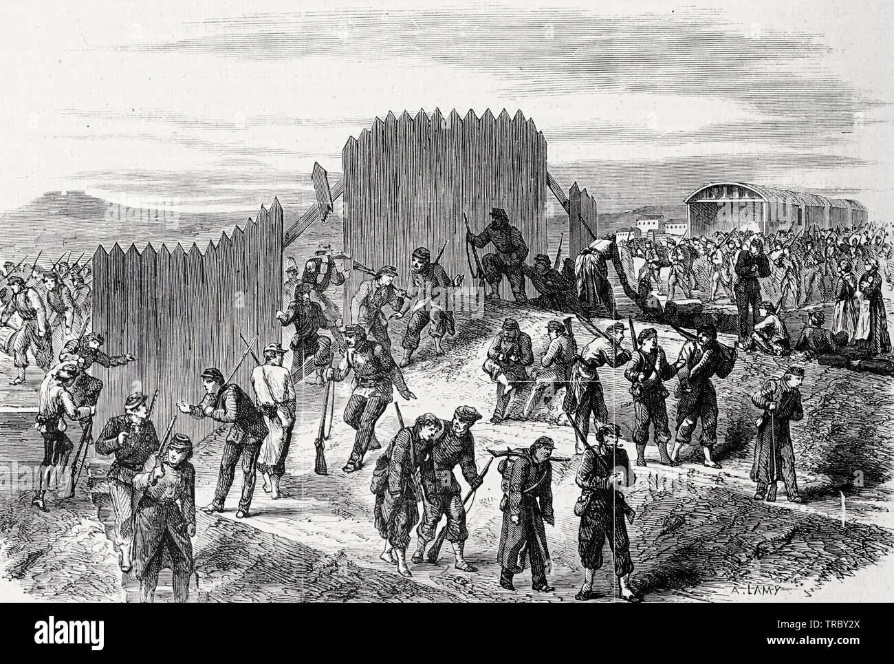 Les gardes nationaux de retour à Paris par les quais de la gare de l'Ouest après l'affaire Mont-Valerien durant la Commune de Paris, 1871 Banque D'Images