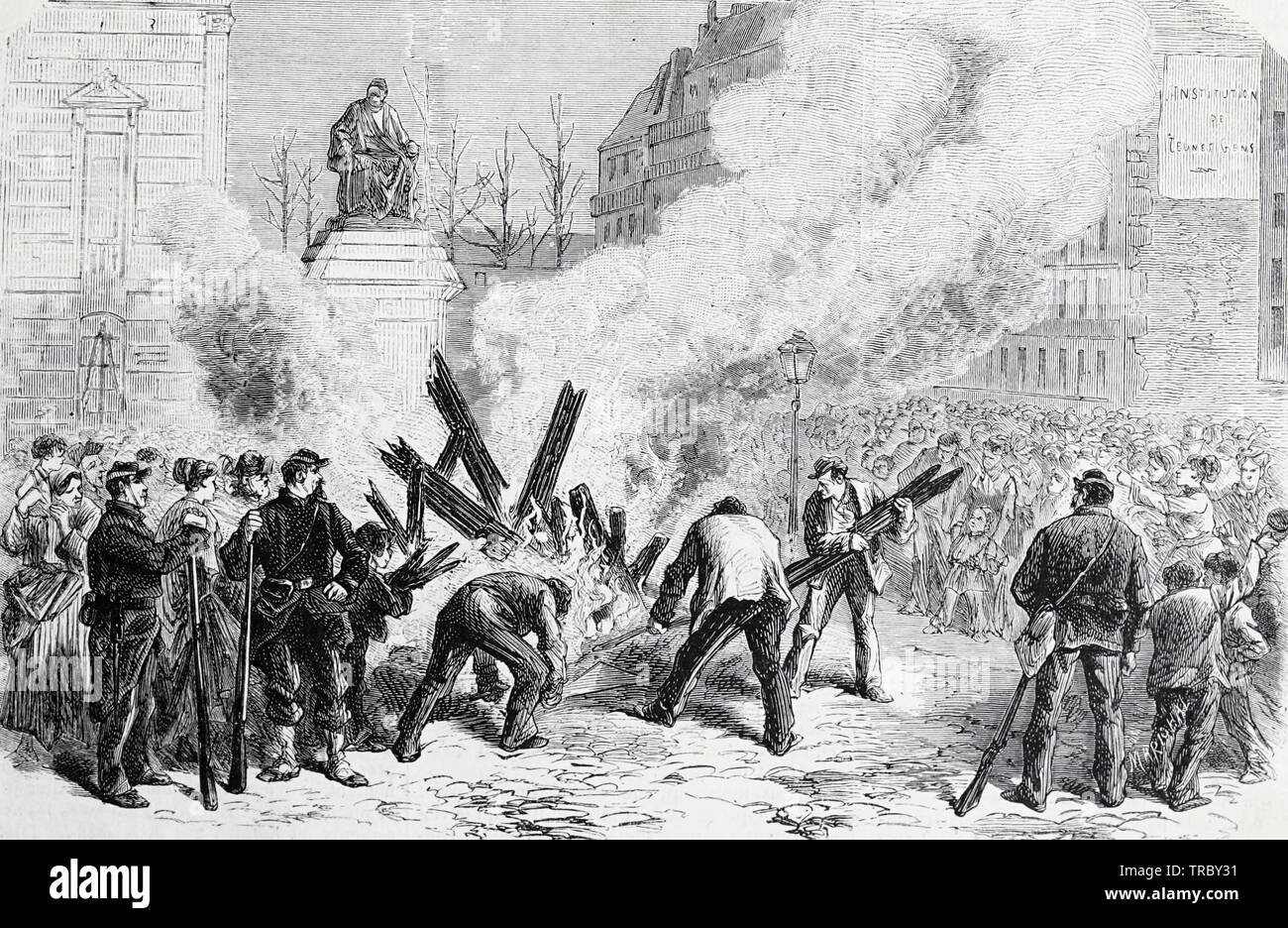 La combustion de la guillotine durant la Commune de Paris, 1871 Banque D'Images