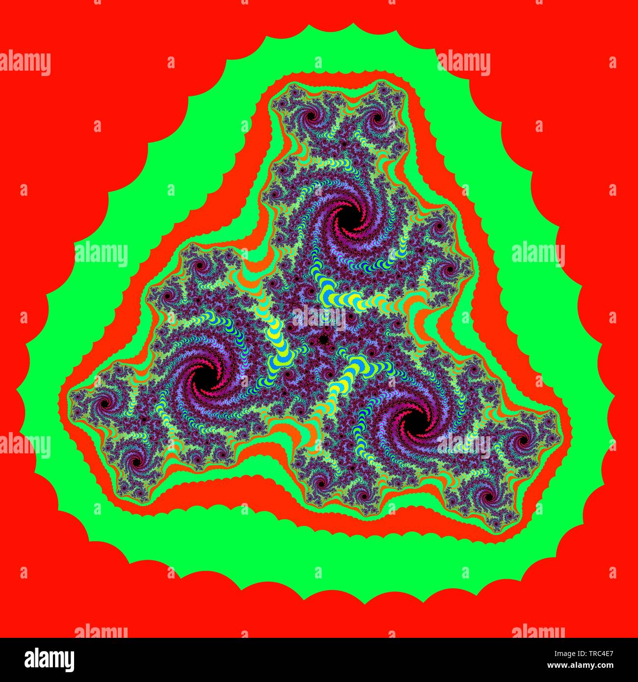 Colorée et une visualisation graphique de l'ordinateur peu commun de droit de l'étonnant comportement fractal d'une fonction mathématique sur les nombres complexes. Banque D'Images
