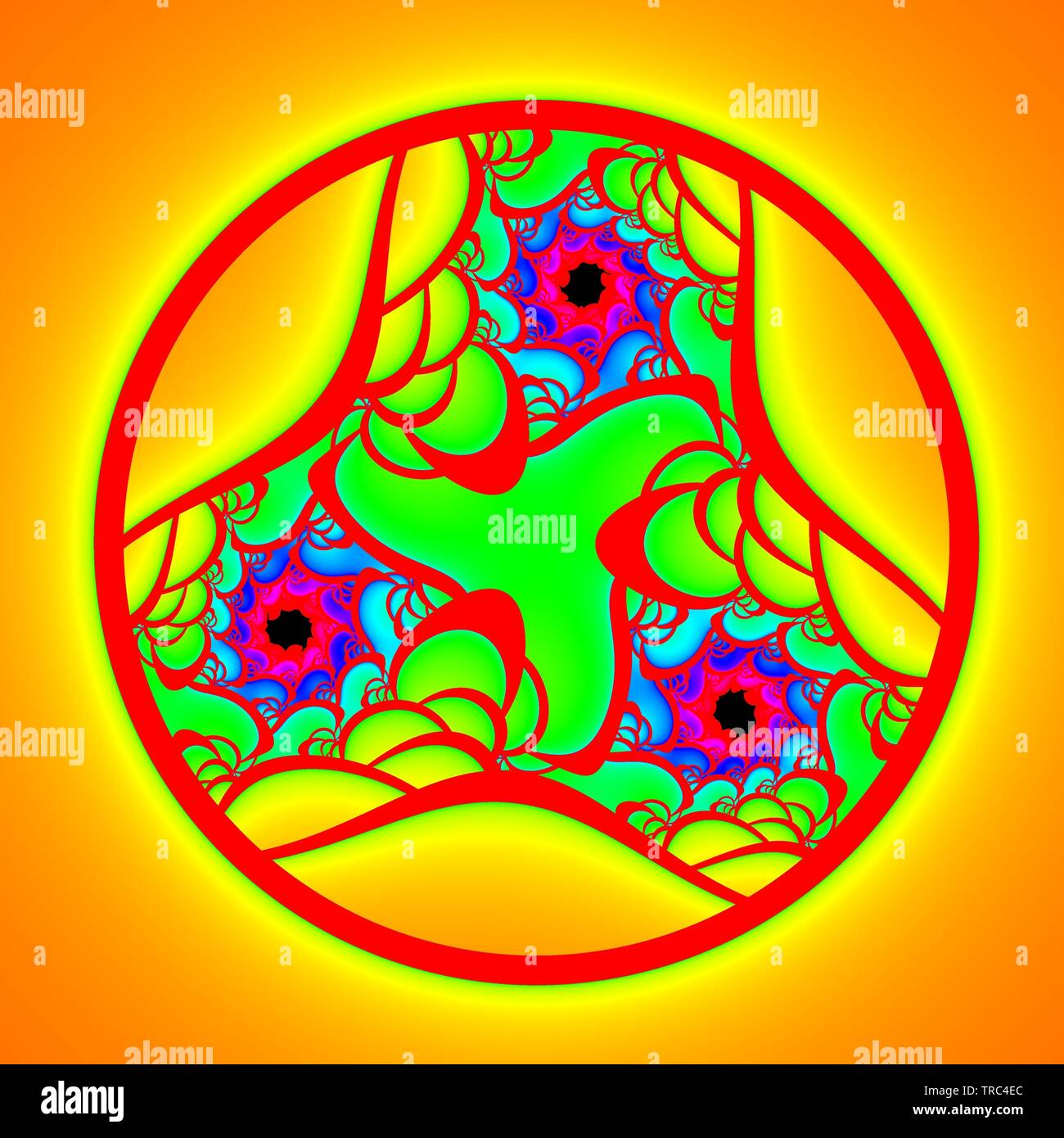Colorée et une visualisation graphique de l'ordinateur peu commun de droit de l'étonnant comportement fractal d'une fonction mathématique sur les nombres complexes. Banque D'Images