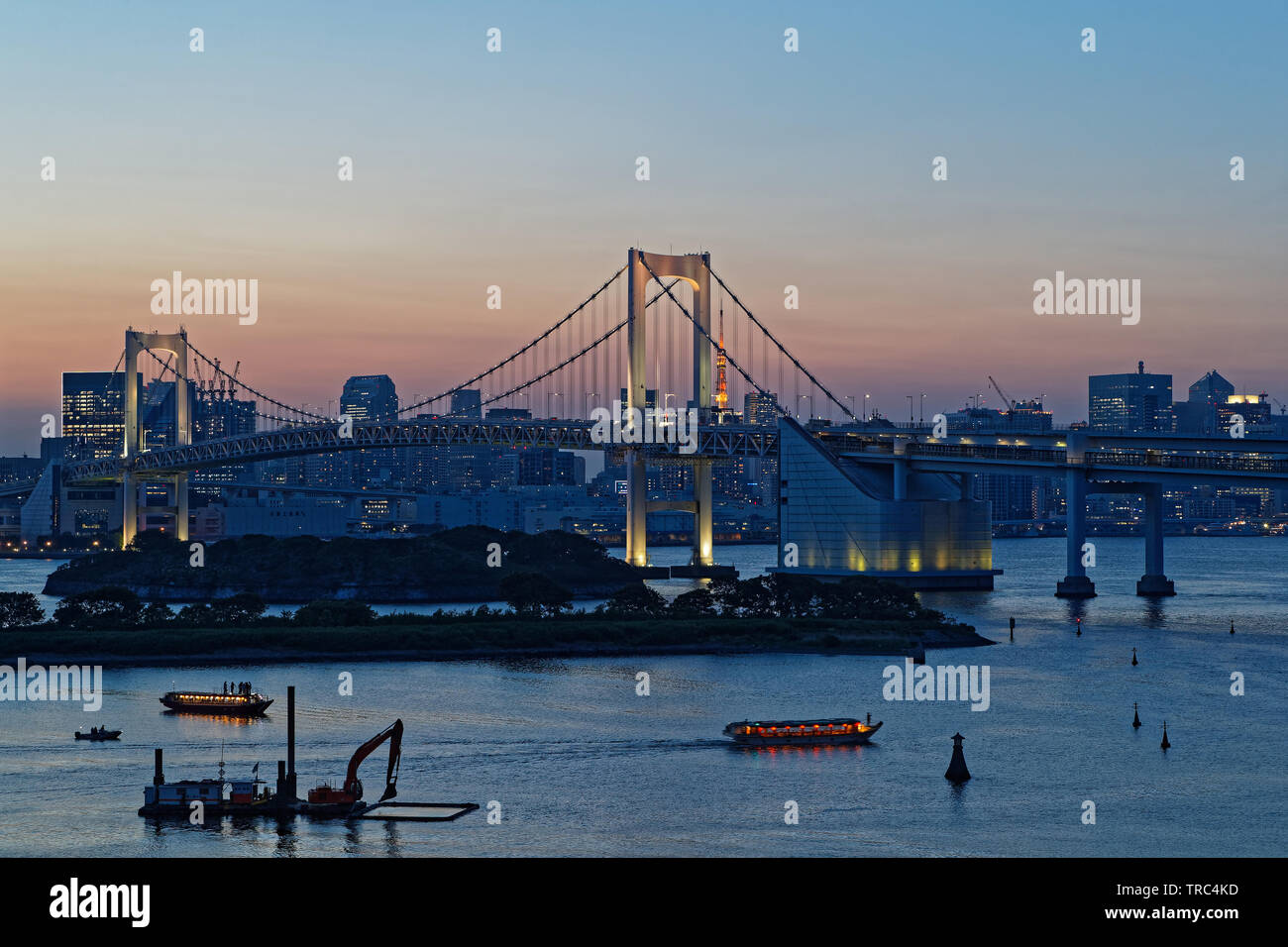 TOKYO, JAPON, le 17 mai 2019 : Nuit sur le pont en arc-en-ciel dans d'Odaiba. La grande région de Tokyo est classée comme région métropolitaine la plus peuplée au monde. Banque D'Images