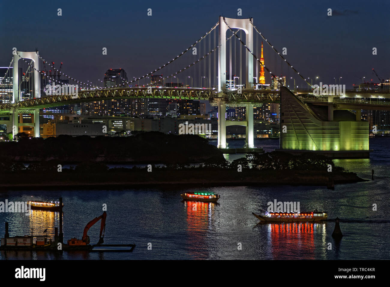 TOKYO, JAPON, le 17 mai 2019 : Nuit sur le pont en arc-en-ciel dans d'Odaiba. La grande région de Tokyo est classée comme région métropolitaine la plus peuplée au monde. Banque D'Images