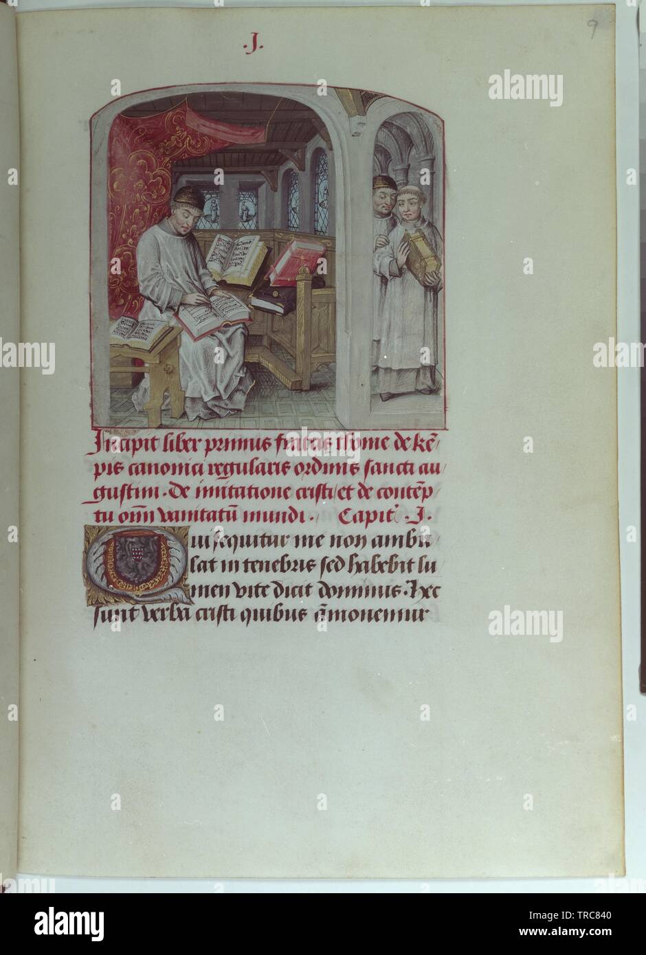 De l'usurpation d'Christi, le codex 1576 folio 9 recto, pleine page : texte avec miniature : Thomas von Kempen dans l'armoire de son livre à un Additional-Rights Clearance-Info, écrit--Not-Available Banque D'Images