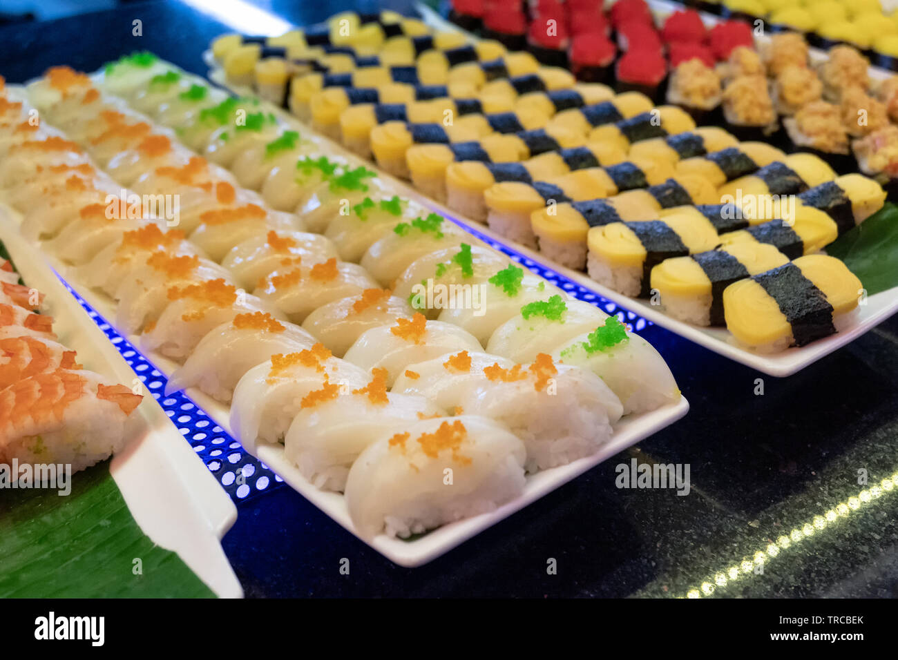 Trié de sushi avec divers poissons, crevettes, œuf avec du riz sur le bac dans le Banque D'Images
