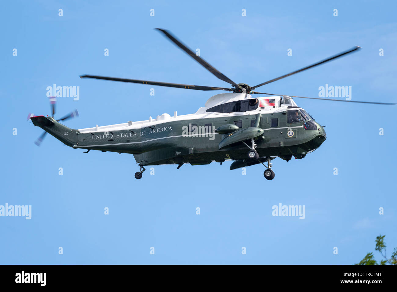 US Sikorsky VH-3D'un marine Sea King, un hélicoptère de transport dans le cadre de l'appui pour le Président Donald Trump Visite d'État au Royaume-Uni Banque D'Images