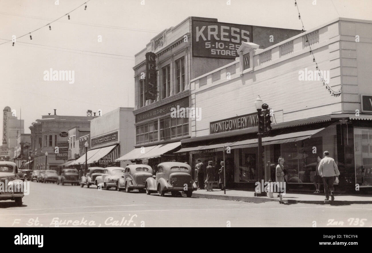 F Street, Eureka, Californie, vieille carte postale. Banque D'Images