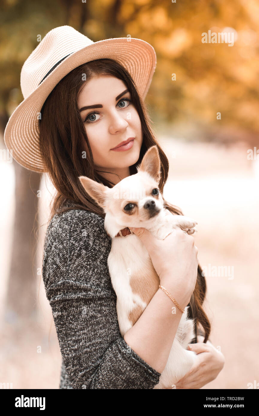 Smiling girl élégante 24-29 ans holding chihuahua chiot à l'extérieur. En regardant la caméra. 20s. Banque D'Images