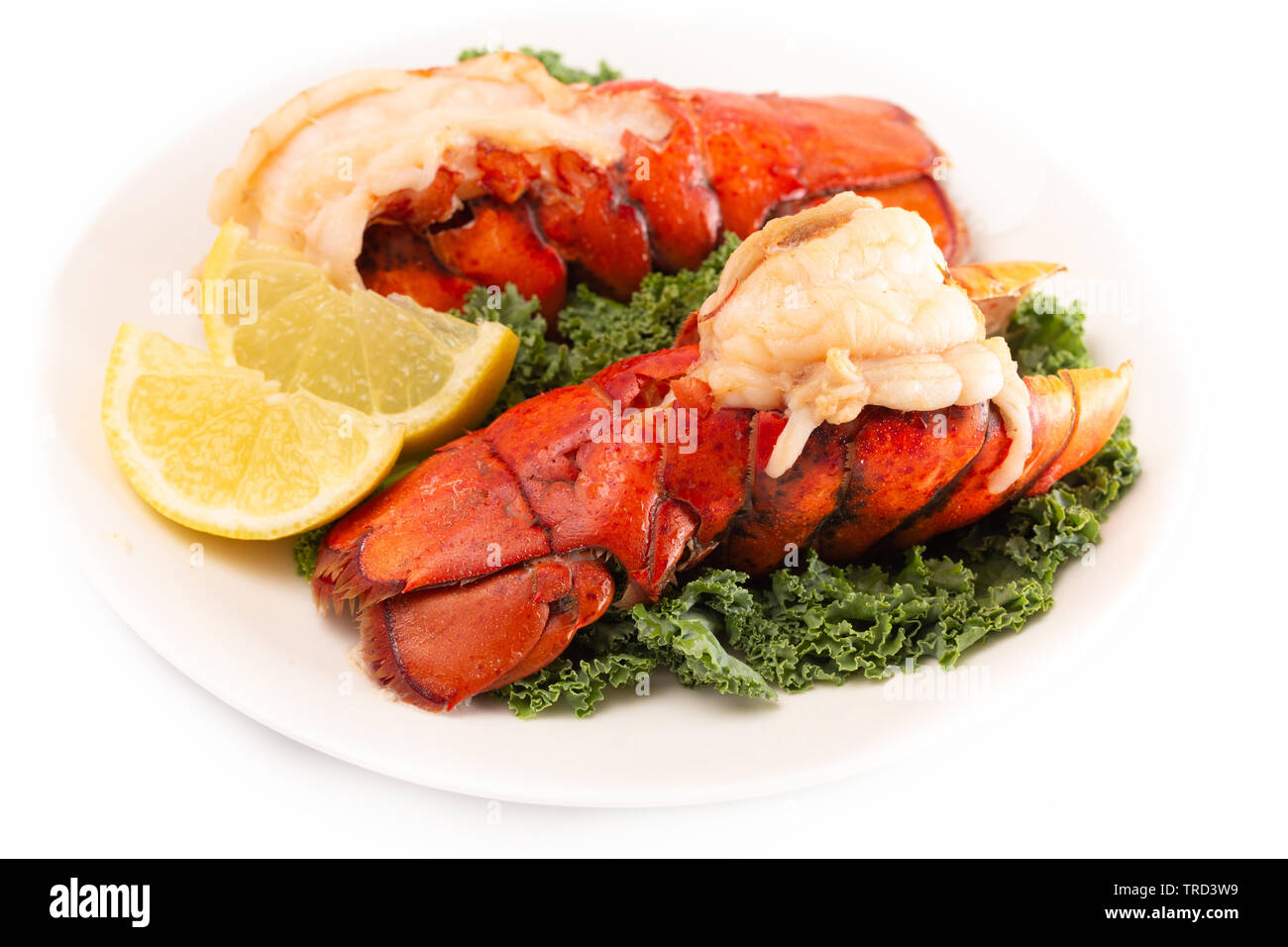 Deux queues de homard grillées sur un lit de chou vert avec les tranches de citron Banque D'Images