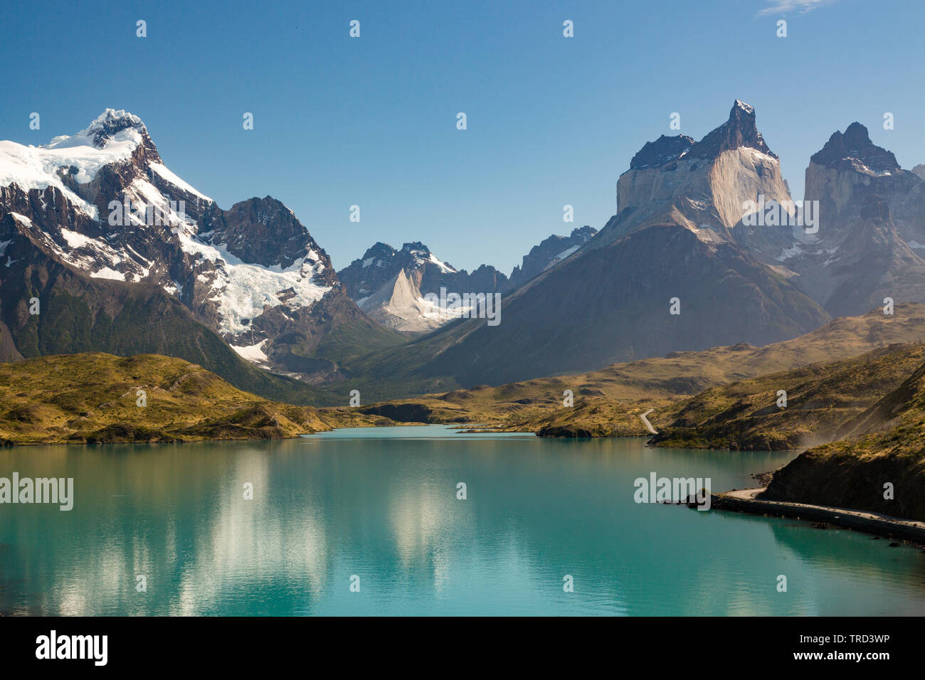 Reflet de Los Cuernos montagnes dans les eaux turquoises du Lago Pehoe, parc Torres del Paine, Patagonie, Chili Banque D'Images