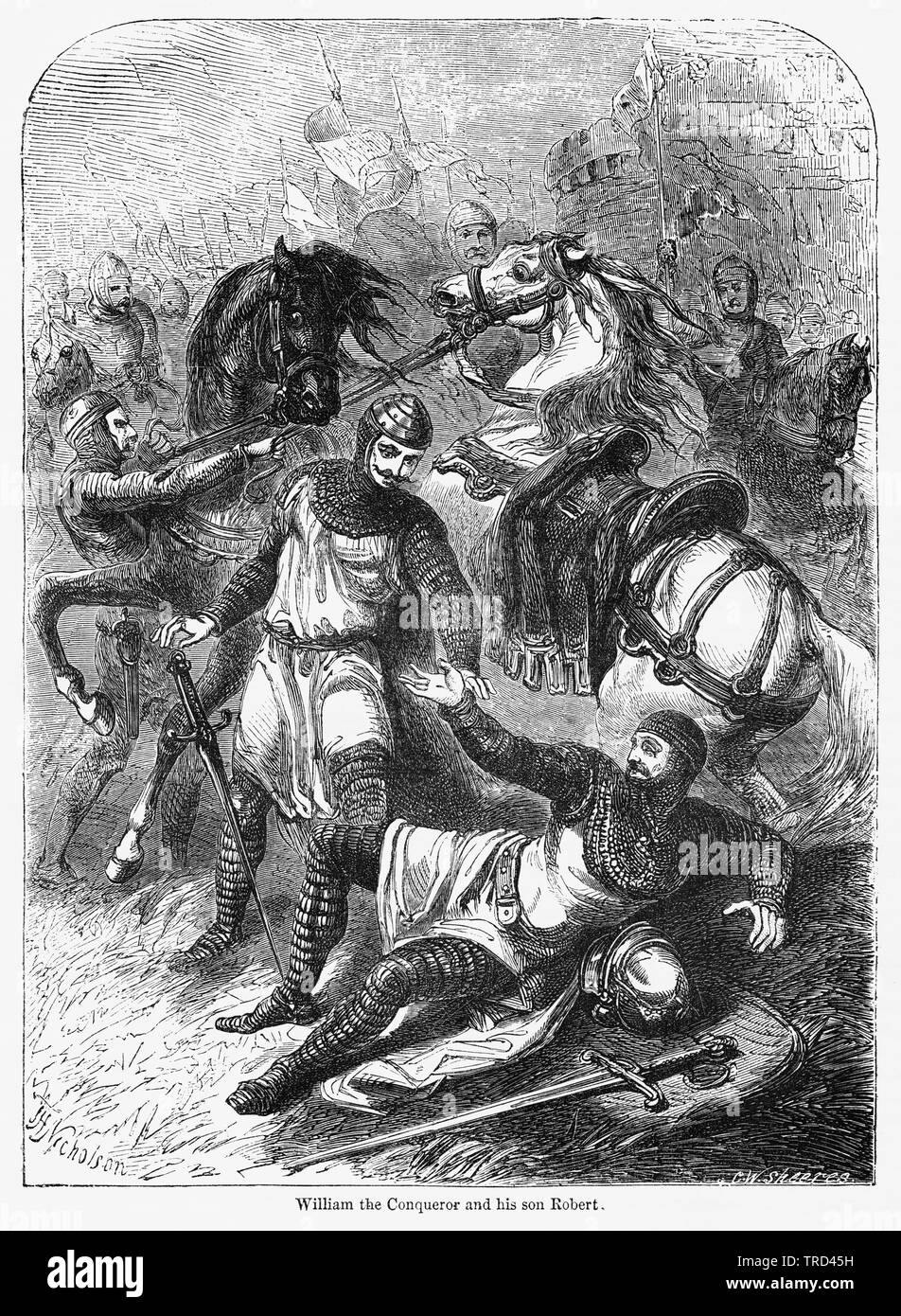 Guillaume le Conquérant et son fils Robert, Illustration de John Cassell's Illustrated History of England, Vol. I à partir de la première période du règne de Édouard le quatrième, Cassell, Petter et Galpin, 1857 Banque D'Images