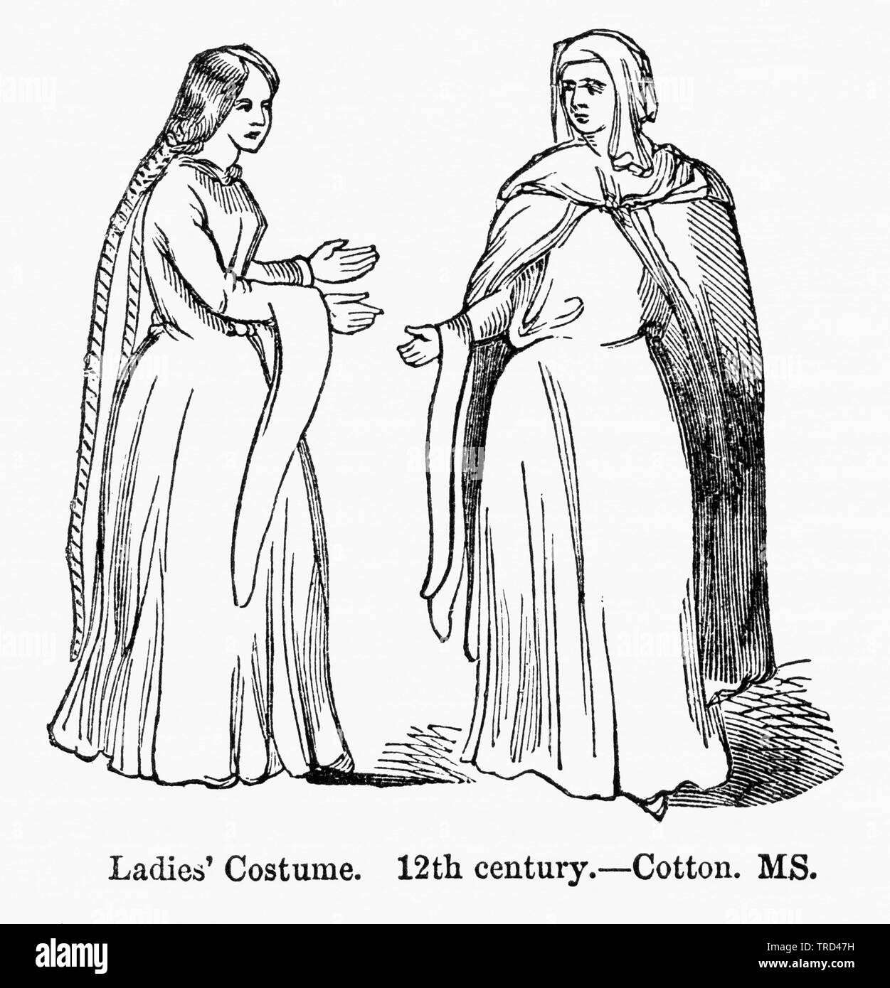 Ladies' Costume, 12 siècle, le coton MS, Illustration de John Cassell's Illustrated History of England, Vol. I à partir de la première période du règne de Édouard le quatrième, Cassell, Petter et Galpin, 1857 Banque D'Images