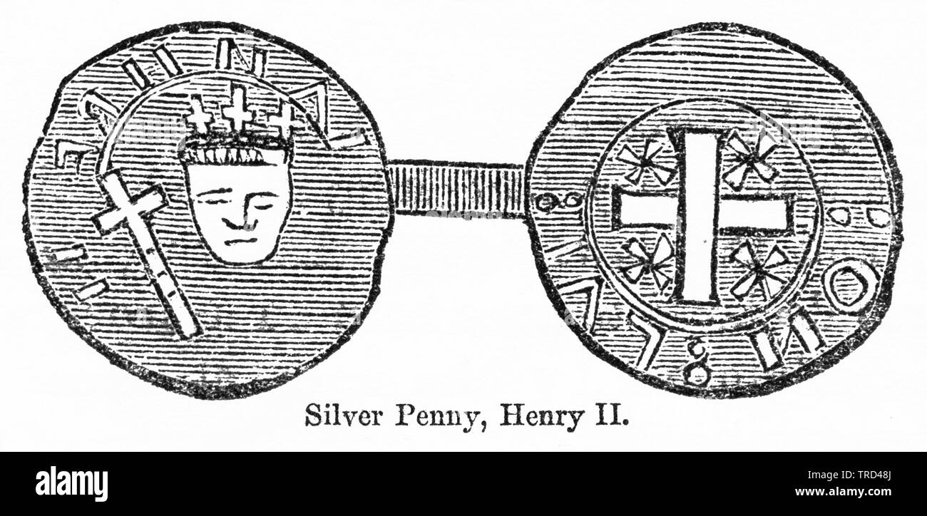 Penny d'argent, Henry II, Illustration de John Cassell's Illustrated History of England, Vol. I à partir de la première période du règne de Édouard le quatrième, Cassell, Petter et Galpin, 1857 Banque D'Images