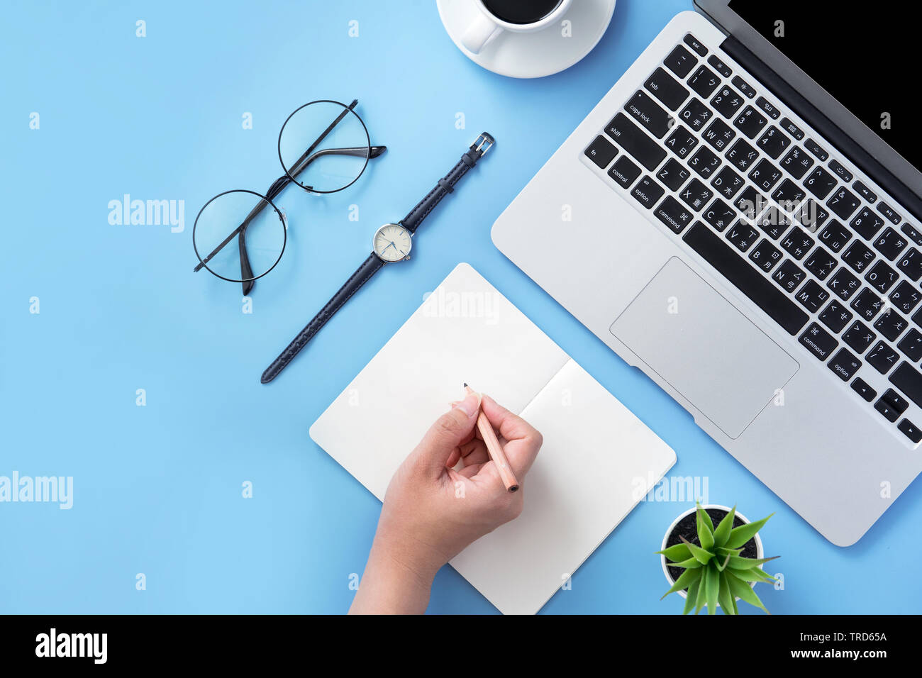 Girl écrire sur open white book ou comptables sur un minimum de lumière propre bureau bleu avec ordinateur portable et accessoires, l'espace de copie, mise à plat, vue du dessus, des maquettes Banque D'Images