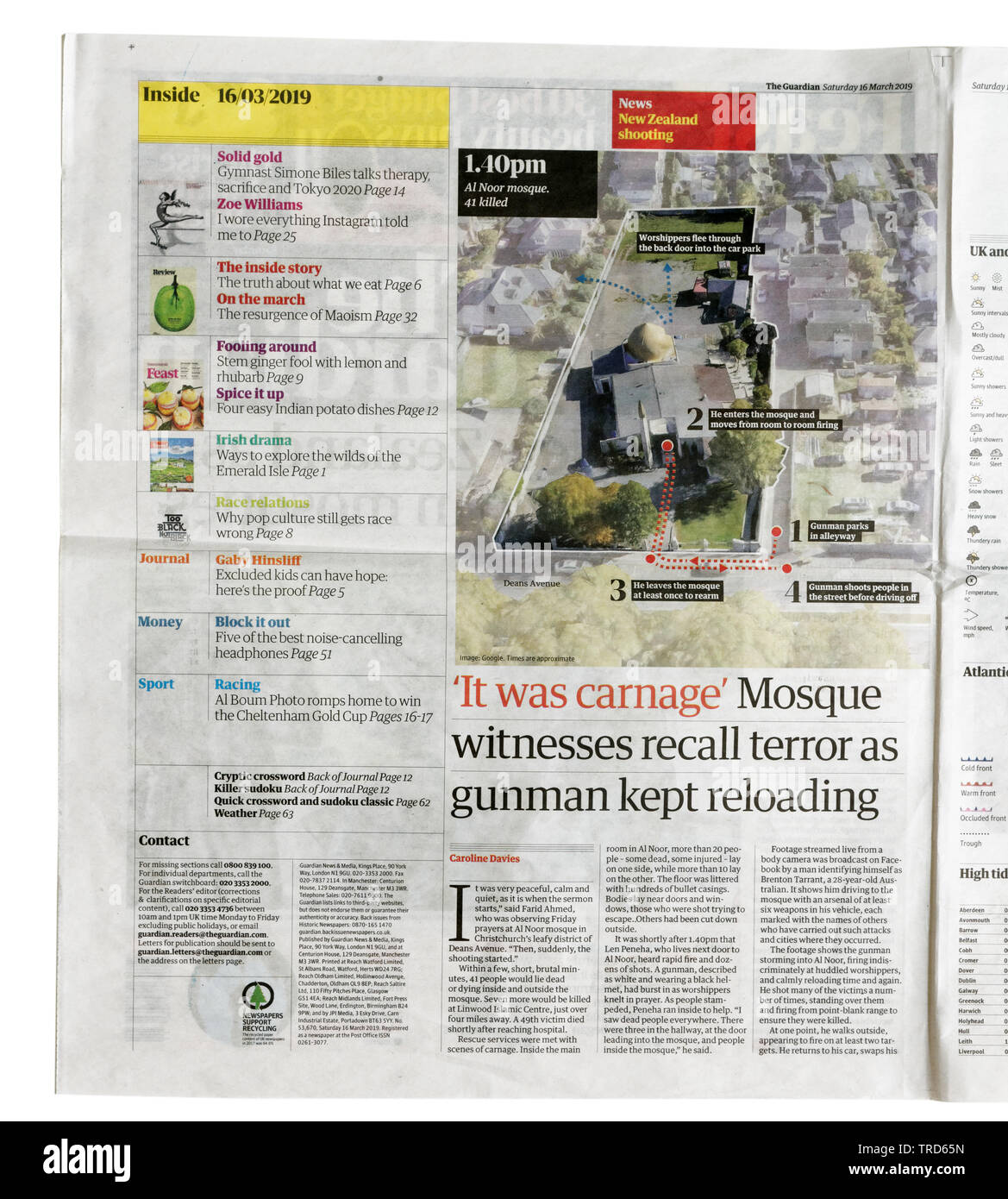 Page intérieure du Guardian du 16 mars 2019 avec les détails du massacre de 49 personnes dans les mosquées à Christchurch, Nouvelle-Zélande Banque D'Images