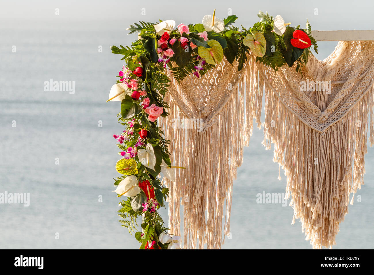 Détail d'une arche de mariage décoré avec style Boho dans macrame et fleurs fraîches près de l'océan pour une cérémonie. Concept d'un mariage tropical. Banque D'Images