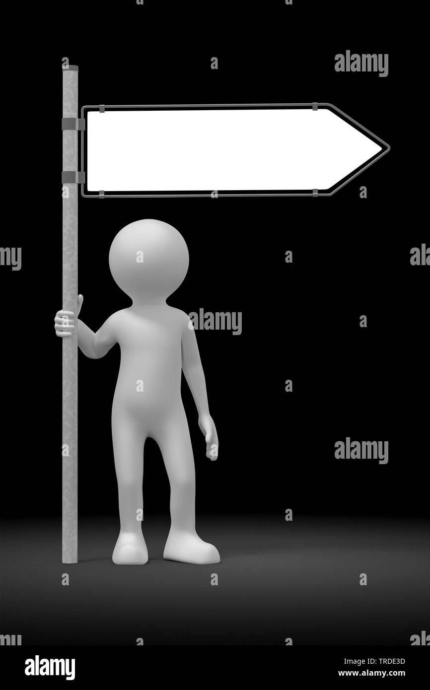 L'icône 3D homme de couleur blanche avec un panneau sans texte ; sur fond noir Banque D'Images