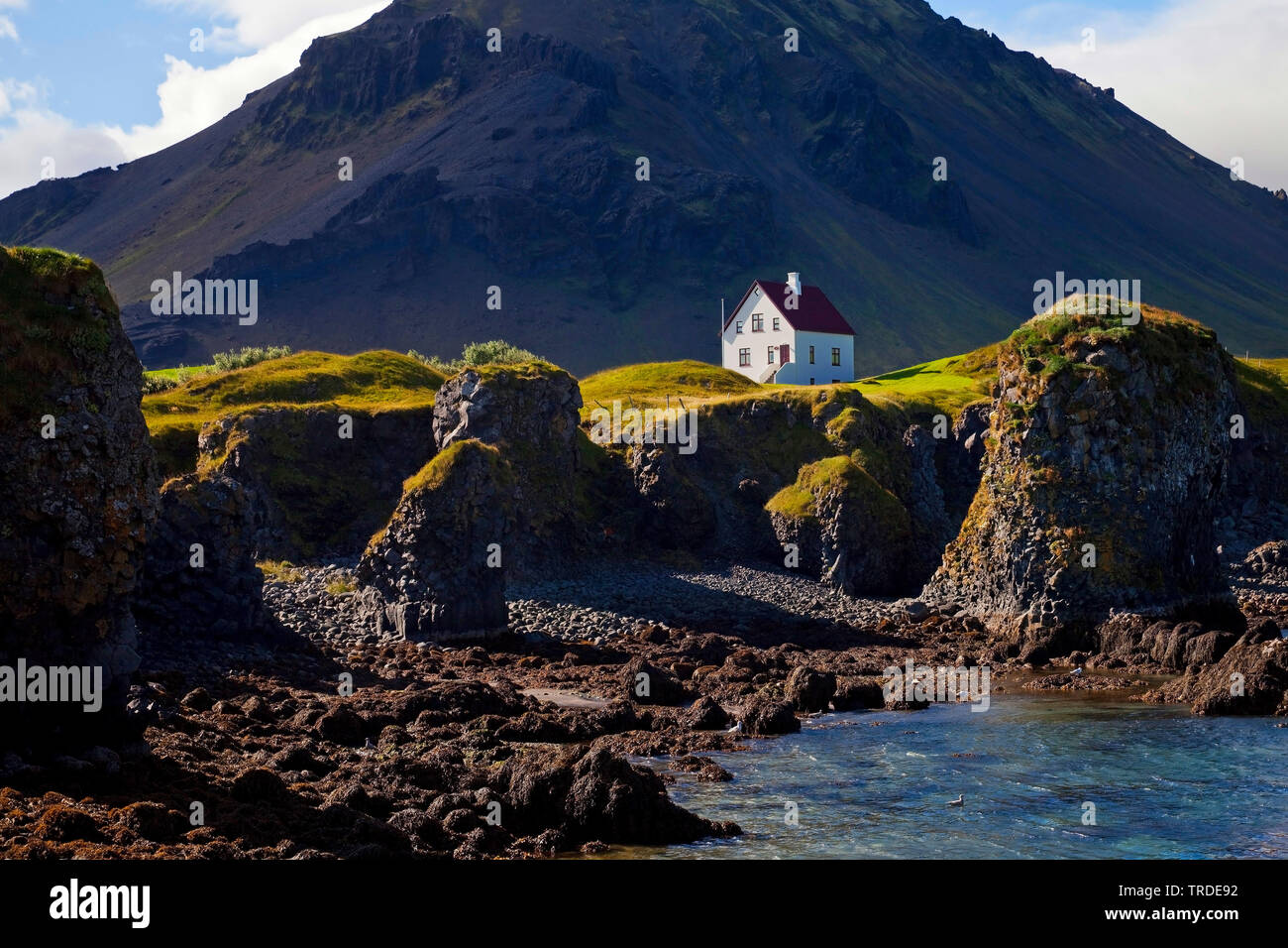 Maison sur la côte de basalte en face du volcan Stapafell, Islande, Vesturland, Arnarstapi, Snæfellsnes Banque D'Images